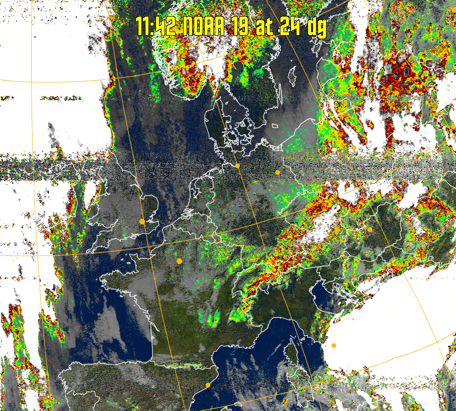 MSA-precip:
Same as MSA multispectral analysis, but high cold cloud tops are coloured the
same as the NO enhancement to give an approximate indication of the probability
and intensity of precipitation.