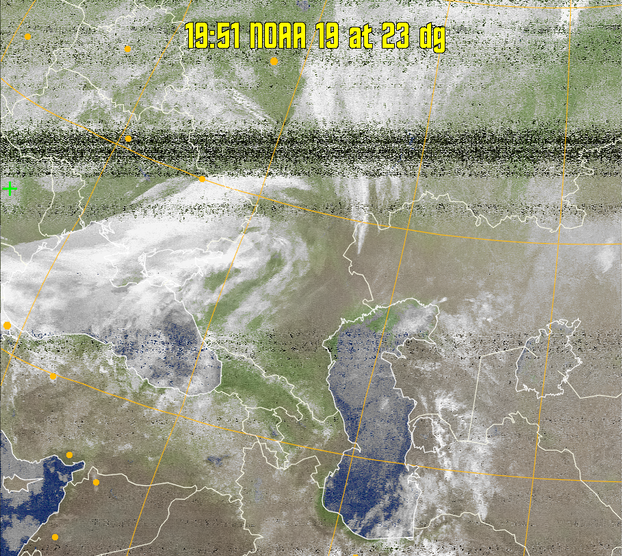 MCIR-precip: 
Colours the NOAA sensor 4 IR image using a map to colour the sea blue and land
green. High clouds appear white, lower clouds gray or land/sea coloured, clouds
generally appear lighter, but distinguishing between land/sea and low cloud may
be difficult. Darker colours indicate warmer regions.