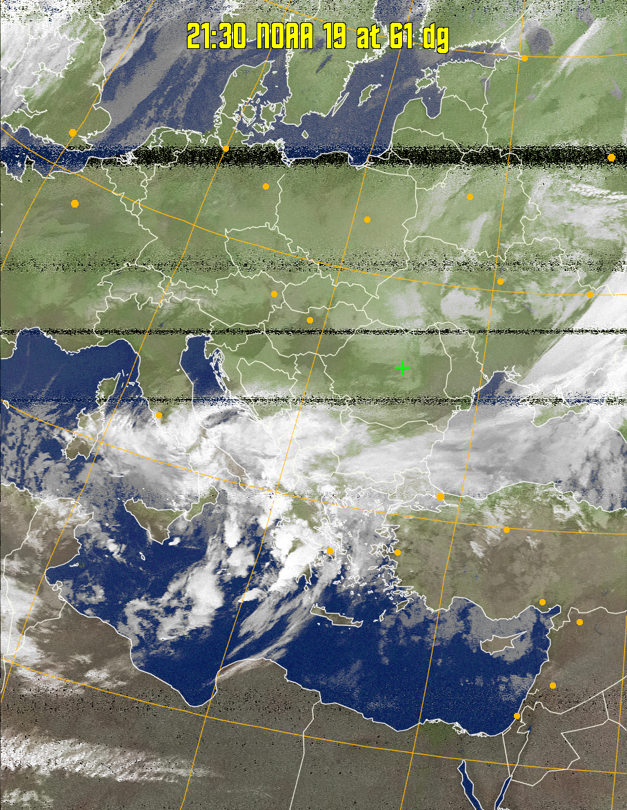 MCIR-precip: 
Colours the NOAA sensor 4 IR image using a map to colour the sea blue and land
green. High clouds appear white, lower clouds gray or land/sea coloured, clouds
generally appear lighter, but distinguishing between land/sea and low cloud may
be difficult. Darker colours indicate warmer regions.