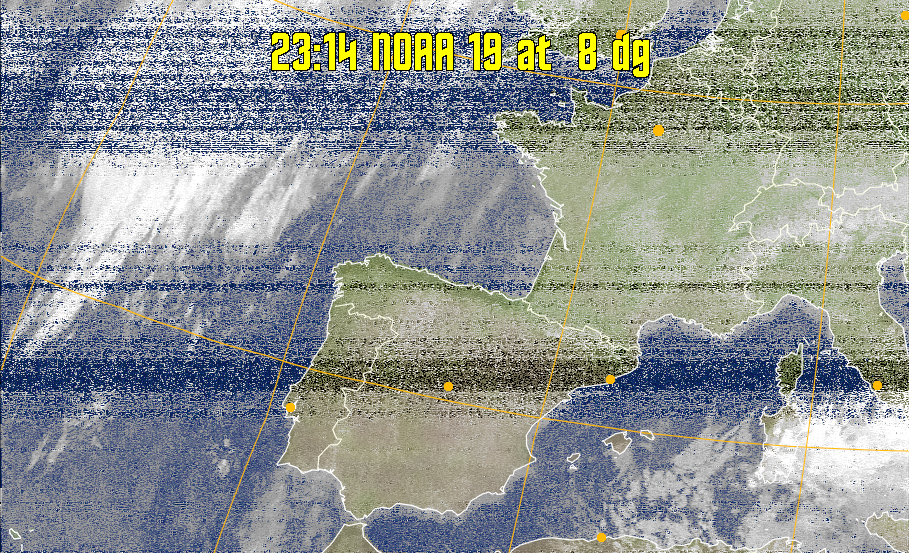 MCIR-precip: 
Colours the NOAA sensor 4 IR image using a map to colour the sea blue and land
green. High clouds appear white, lower clouds gray or land/sea coloured, clouds
generally appear lighter, but distinguishing between land/sea and low cloud may
be difficult. Darker colours indicate warmer regions.