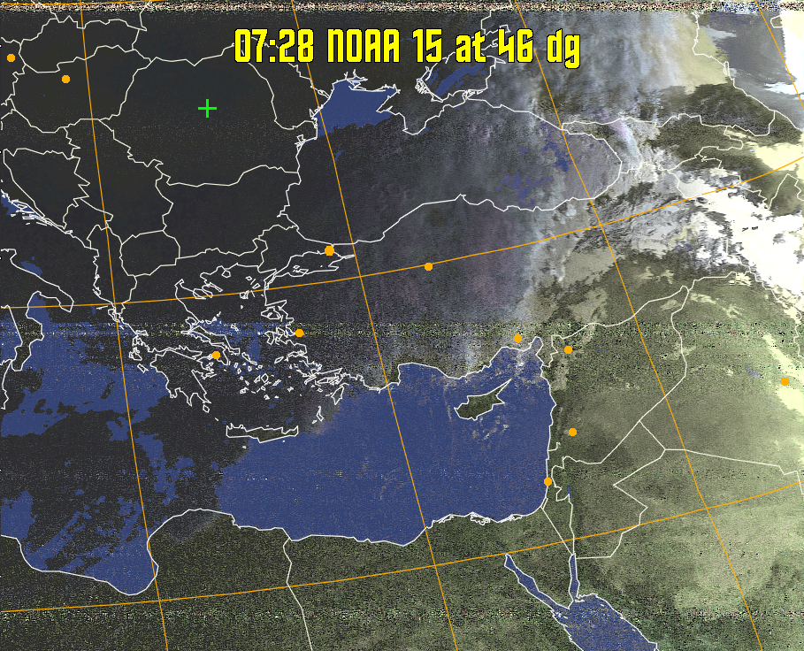 HVCT:
Similar to HVC, but with blue water and with colours more indicative of
land temperatures.
HVC:
Creates a false colour image from NOAA APT images based on temperature using
the HVC colour model. Uses the temperature derived from the sensor 4 image to
select the hue and the brightness from the histogram equalised other image to
select the value and chroma. The HVC colour model attempts to ensure that different colours at the same value will appear to the eye to be the same brightness
and the spacing between colours representing each degree will appear to the eye to
be similar. Bright areas are completely unsaturated in this model.