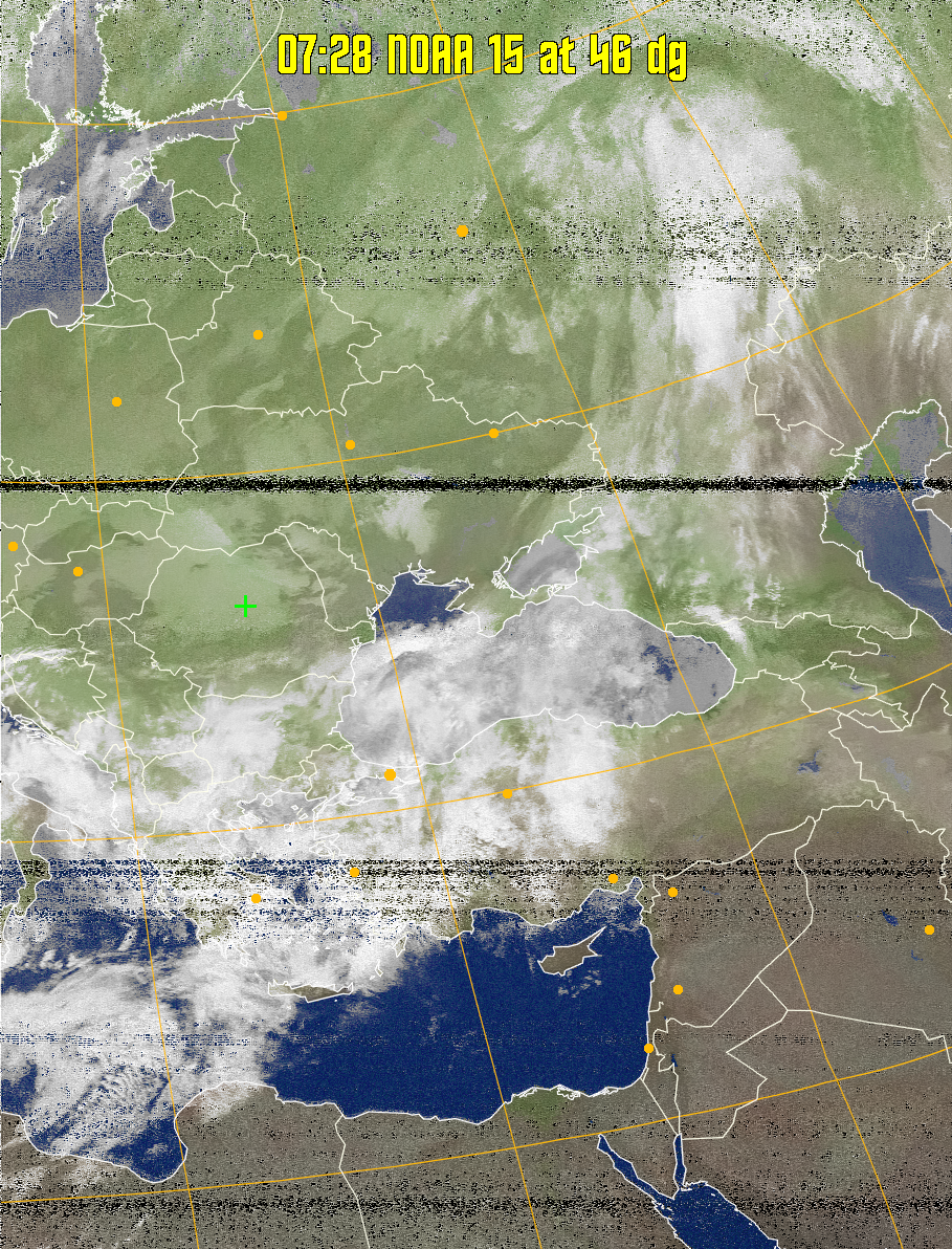 MCIR-precip: 
Colours the NOAA sensor 4 IR image using a map to colour the sea blue and land
green. High clouds appear white, lower clouds gray or land/sea coloured, clouds
generally appear lighter, but distinguishing between land/sea and low cloud may
be difficult. Darker colours indicate warmer regions.