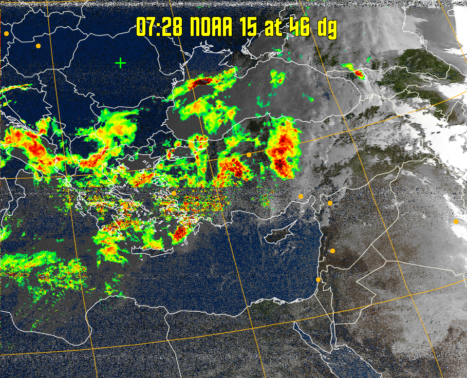 MSA-precip:
Same as MSA multispectral analysis, but high cold cloud tops are coloured the
same as the NO enhancement to give an approximate indication of the probability
and intensity of precipitation.