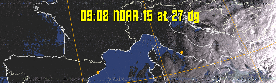 HVCT:
Similar to HVC, but with blue water and with colours more indicative of
land temperatures.
HVC:
Creates a false colour image from NOAA APT images based on temperature using
the HVC colour model. Uses the temperature derived from the sensor 4 image to
select the hue and the brightness from the histogram equalised other image to
select the value and chroma. The HVC colour model attempts to ensure that different colours at the same value will appear to the eye to be the same brightness
and the spacing between colours representing each degree will appear to the eye to
be similar. Bright areas are completely unsaturated in this model.