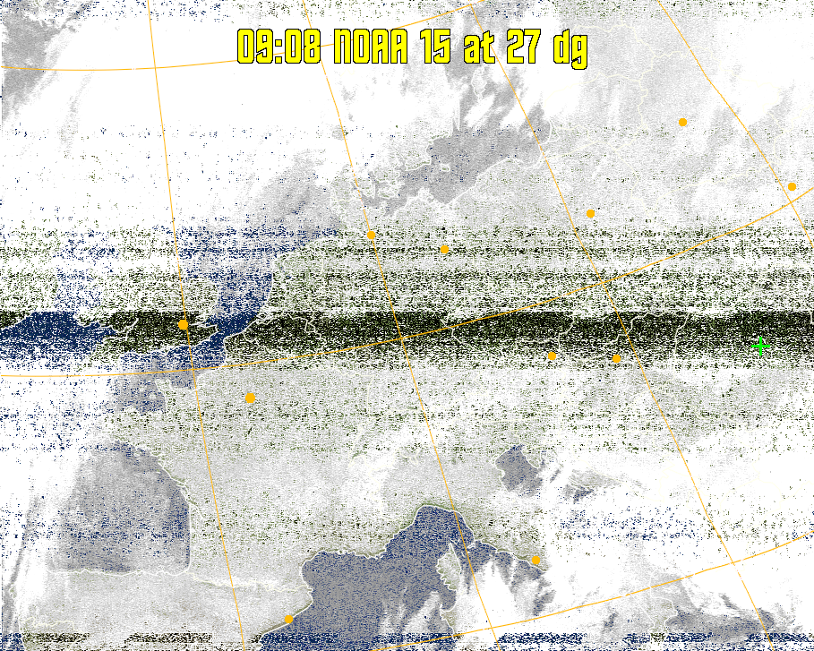 MCIR-precip: 
Colours the NOAA sensor 4 IR image using a map to colour the sea blue and land
green. High clouds appear white, lower clouds gray or land/sea coloured, clouds
generally appear lighter, but distinguishing between land/sea and low cloud may
be difficult. Darker colours indicate warmer regions.