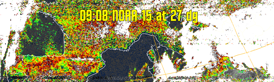 MSA-precip:
Same as MSA multispectral analysis, but high cold cloud tops are coloured the
same as the NO enhancement to give an approximate indication of the probability
and intensity of precipitation.