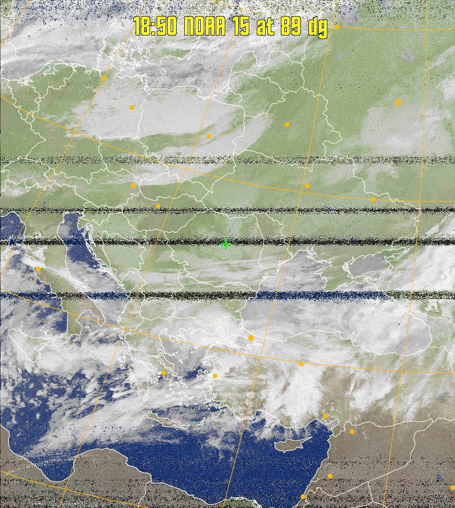 MCIR-precip: 
Colours the NOAA sensor 4 IR image using a map to colour the sea blue and land
green. High clouds appear white, lower clouds gray or land/sea coloured, clouds
generally appear lighter, but distinguishing between land/sea and low cloud may
be difficult. Darker colours indicate warmer regions.