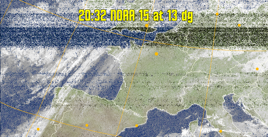 MCIR-precip: 
Colours the NOAA sensor 4 IR image using a map to colour the sea blue and land
green. High clouds appear white, lower clouds gray or land/sea coloured, clouds
generally appear lighter, but distinguishing between land/sea and low cloud may
be difficult. Darker colours indicate warmer regions.