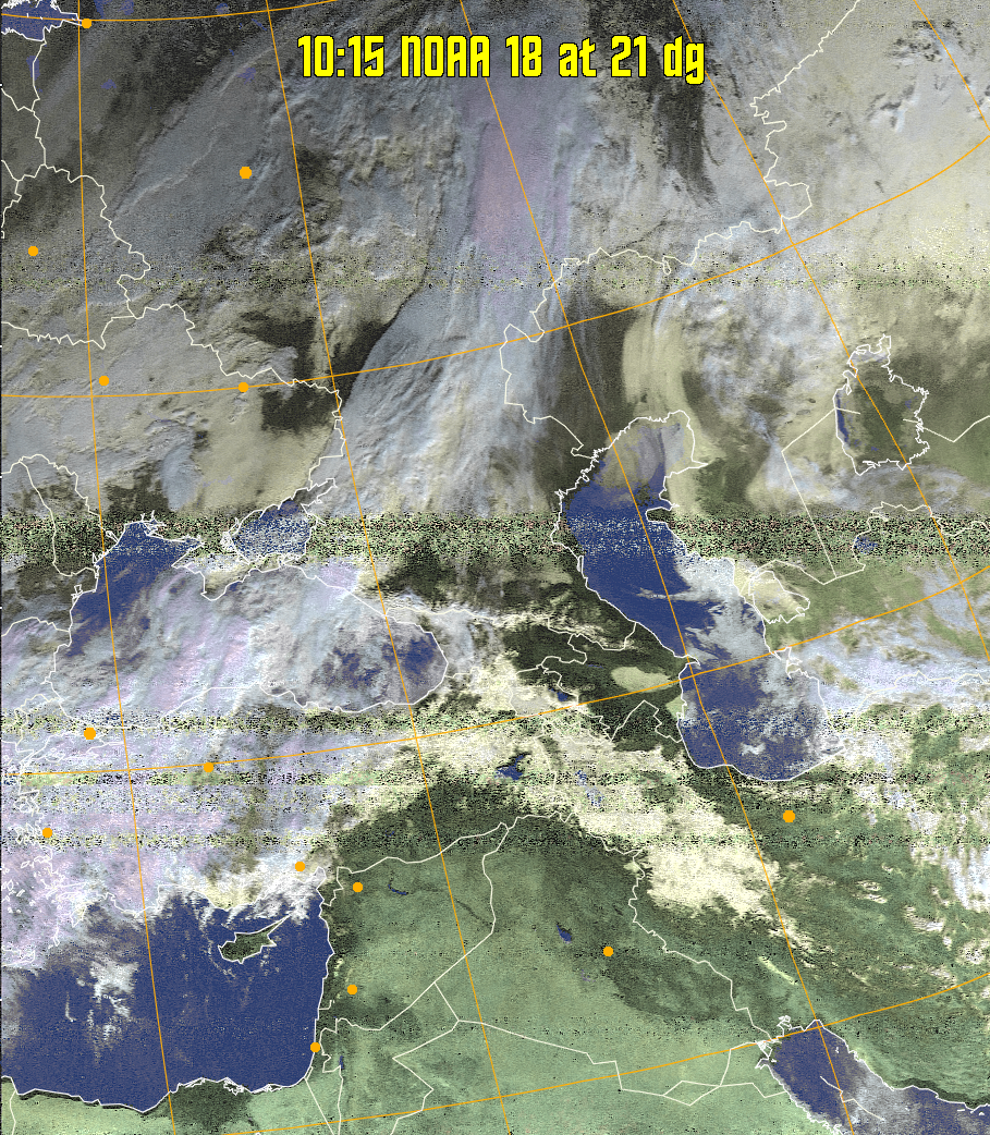 HVCT:
Similar to HVC, but with blue water and with colours more indicative of
land temperatures.
HVC:
Creates a false colour image from NOAA APT images based on temperature using
the HVC colour model. Uses the temperature derived from the sensor 4 image to
select the hue and the brightness from the histogram equalised other image to
select the value and chroma. The HVC colour model attempts to ensure that different colours at the same value will appear to the eye to be the same brightness
and the spacing between colours representing each degree will appear to the eye to
be similar. Bright areas are completely unsaturated in this model.