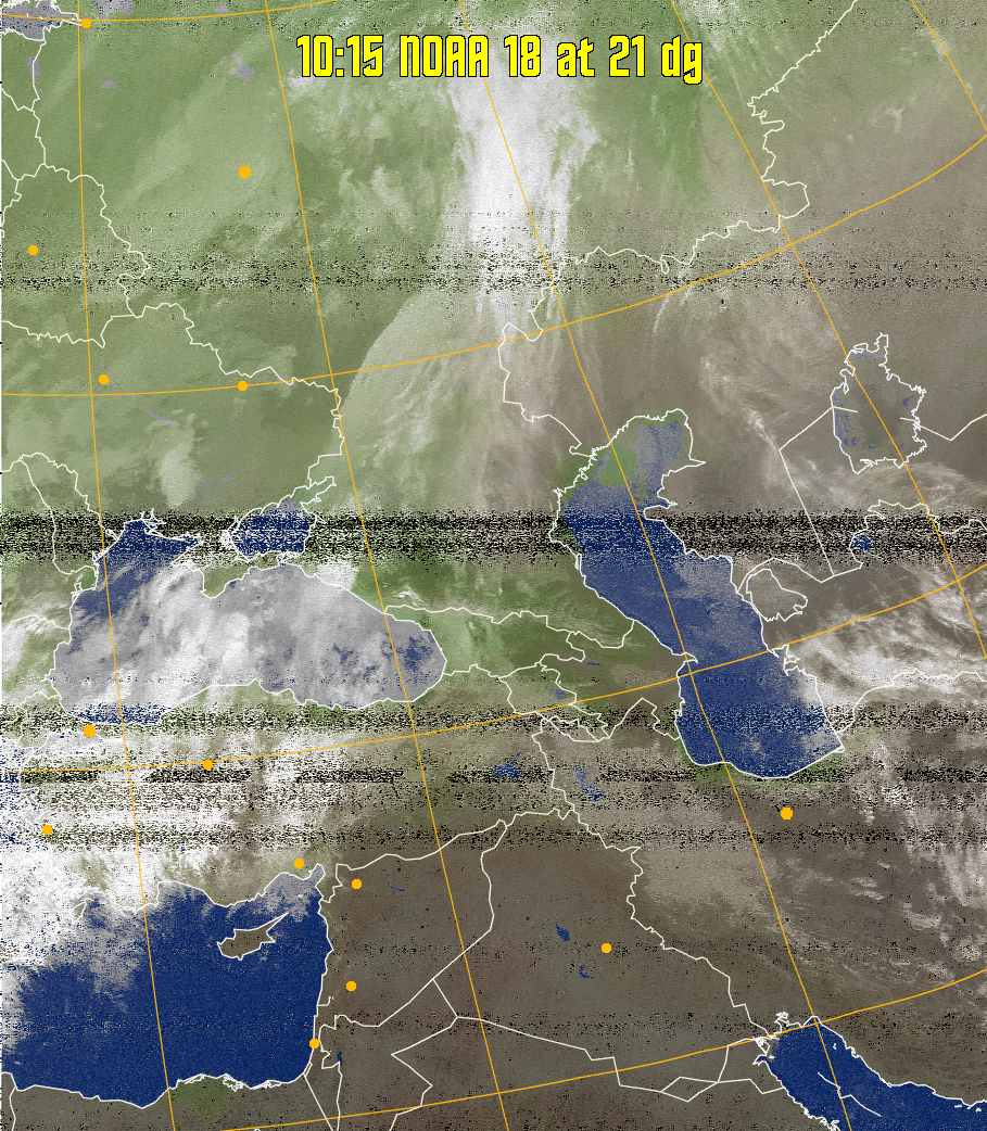 MCIR-precip: 
Colours the NOAA sensor 4 IR image using a map to colour the sea blue and land
green. High clouds appear white, lower clouds gray or land/sea coloured, clouds
generally appear lighter, but distinguishing between land/sea and low cloud may
be difficult. Darker colours indicate warmer regions.