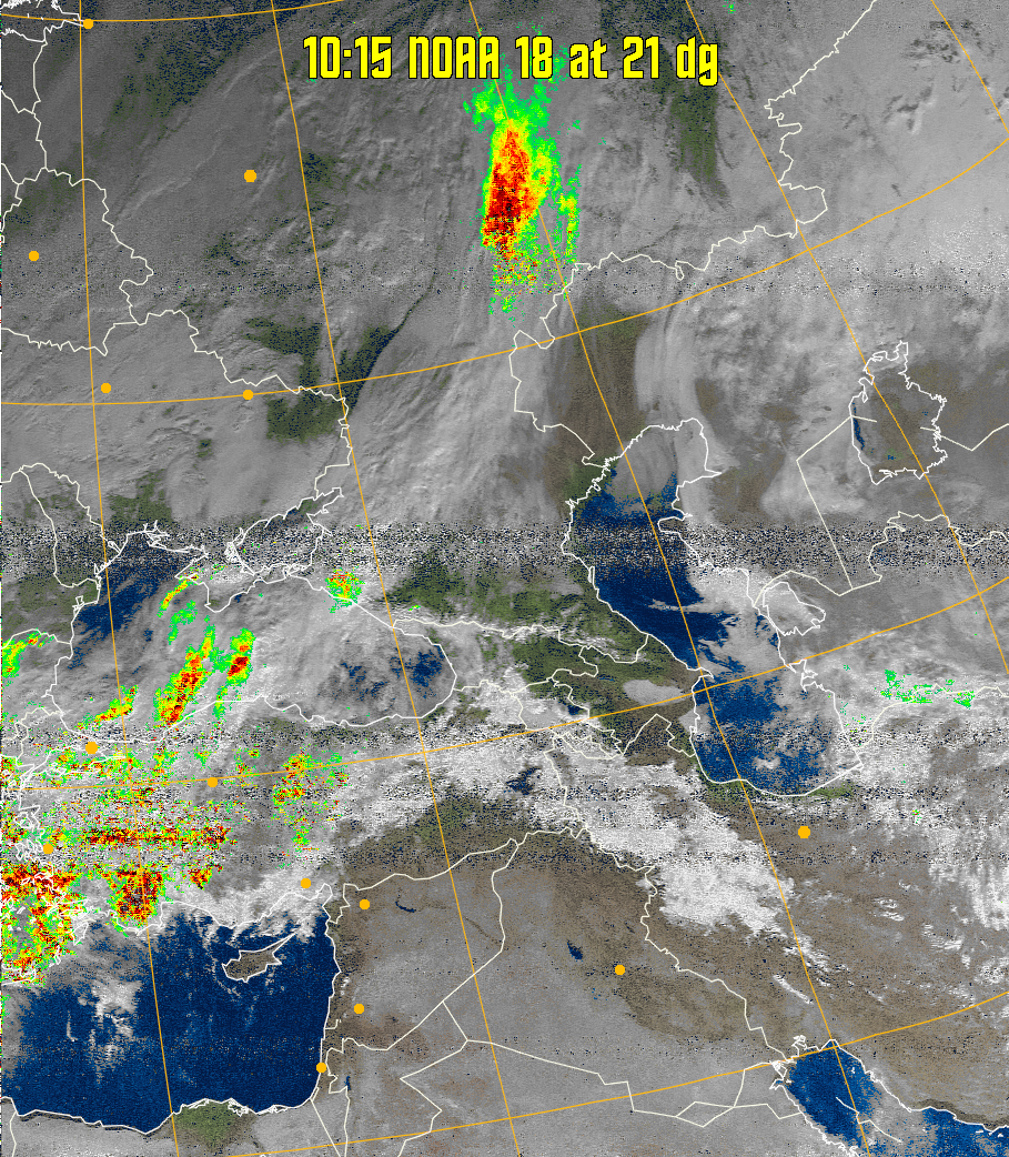 MSA-precip:
Same as MSA multispectral analysis, but high cold cloud tops are coloured the
same as the NO enhancement to give an approximate indication of the probability
and intensity of precipitation.