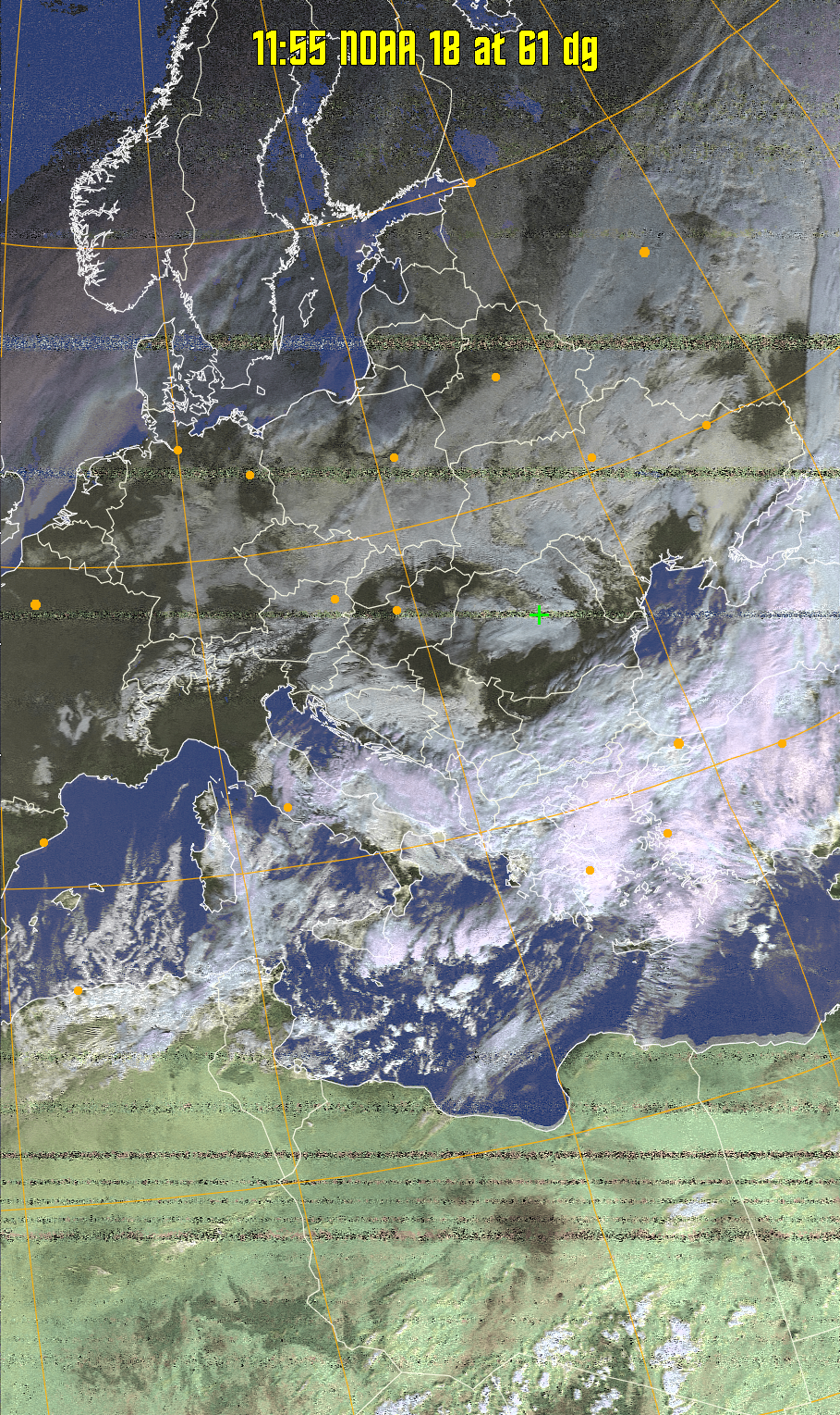 HVCT:
Similar to HVC, but with blue water and with colours more indicative of
land temperatures.
HVC:
Creates a false colour image from NOAA APT images based on temperature using
the HVC colour model. Uses the temperature derived from the sensor 4 image to
select the hue and the brightness from the histogram equalised other image to
select the value and chroma. The HVC colour model attempts to ensure that different colours at the same value will appear to the eye to be the same brightness
and the spacing between colours representing each degree will appear to the eye to
be similar. Bright areas are completely unsaturated in this model.