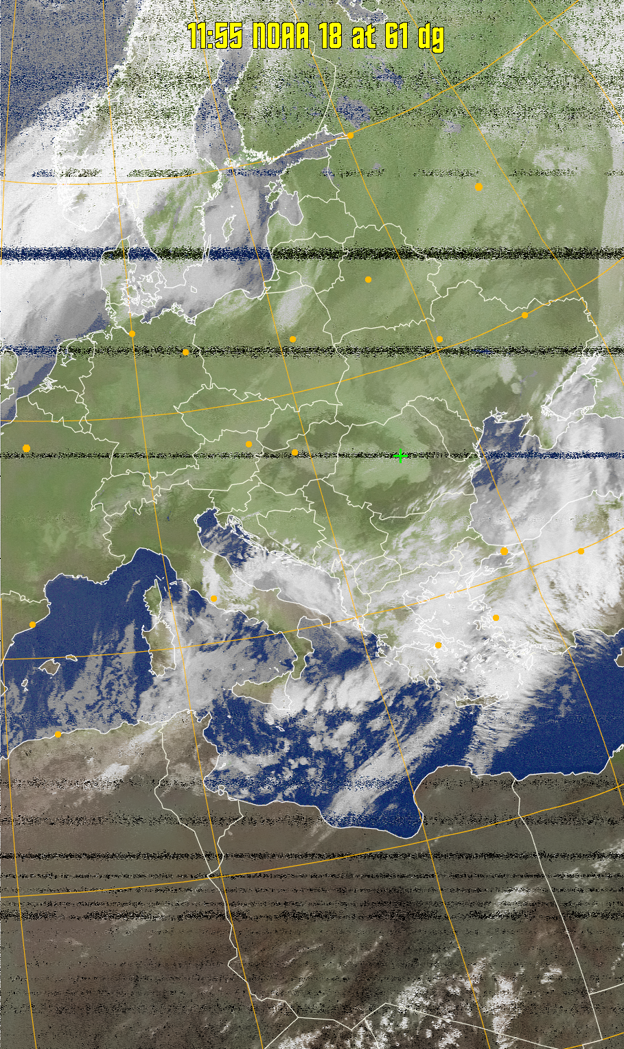 MCIR-precip: 
Colours the NOAA sensor 4 IR image using a map to colour the sea blue and land
green. High clouds appear white, lower clouds gray or land/sea coloured, clouds
generally appear lighter, but distinguishing between land/sea and low cloud may
be difficult. Darker colours indicate warmer regions.