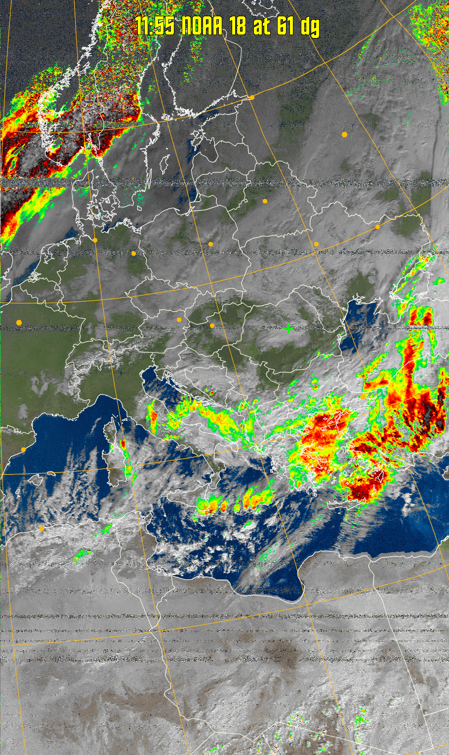 MSA-precip:
Same as MSA multispectral analysis, but high cold cloud tops are coloured the
same as the NO enhancement to give an approximate indication of the probability
and intensity of precipitation.