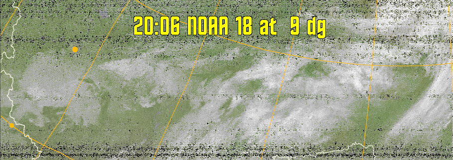 MCIR-precip: 
Colours the NOAA sensor 4 IR image using a map to colour the sea blue and land
green. High clouds appear white, lower clouds gray or land/sea coloured, clouds
generally appear lighter, but distinguishing between land/sea and low cloud may
be difficult. Darker colours indicate warmer regions.