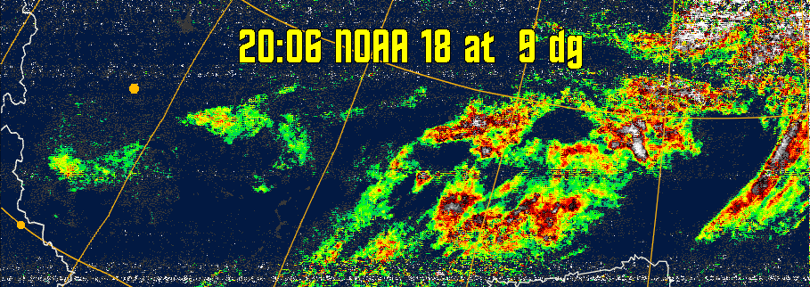 MSA-precip:
Same as MSA multispectral analysis, but high cold cloud tops are coloured the
same as the NO enhancement to give an approximate indication of the probability
and intensity of precipitation.