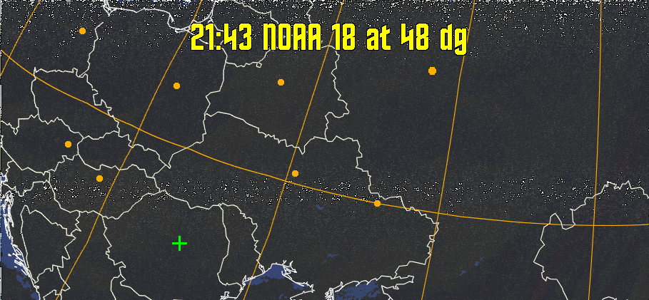 HVCT:
Similar to HVC, but with blue water and with colours more indicative of
land temperatures.
HVC:
Creates a false colour image from NOAA APT images based on temperature using
the HVC colour model. Uses the temperature derived from the sensor 4 image to
select the hue and the brightness from the histogram equalised other image to
select the value and chroma. The HVC colour model attempts to ensure that different colours at the same value will appear to the eye to be the same brightness
and the spacing between colours representing each degree will appear to the eye to
be similar. Bright areas are completely unsaturated in this model.