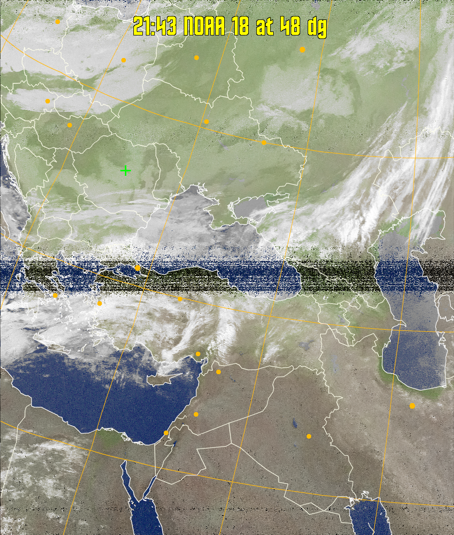 MCIR-precip: 
Colours the NOAA sensor 4 IR image using a map to colour the sea blue and land
green. High clouds appear white, lower clouds gray or land/sea coloured, clouds
generally appear lighter, but distinguishing between land/sea and low cloud may
be difficult. Darker colours indicate warmer regions.