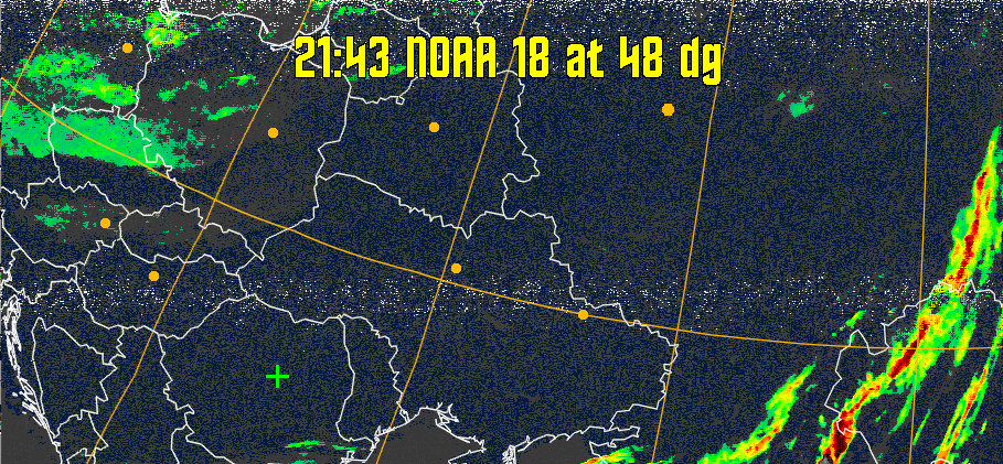 MSA-precip:
Same as MSA multispectral analysis, but high cold cloud tops are coloured the
same as the NO enhancement to give an approximate indication of the probability
and intensity of precipitation.