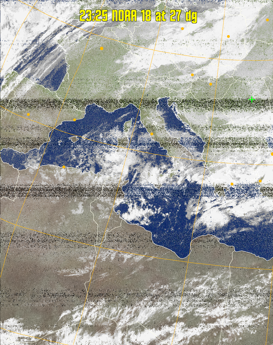 MCIR-precip: 
Colours the NOAA sensor 4 IR image using a map to colour the sea blue and land
green. High clouds appear white, lower clouds gray or land/sea coloured, clouds
generally appear lighter, but distinguishing between land/sea and low cloud may
be difficult. Darker colours indicate warmer regions.