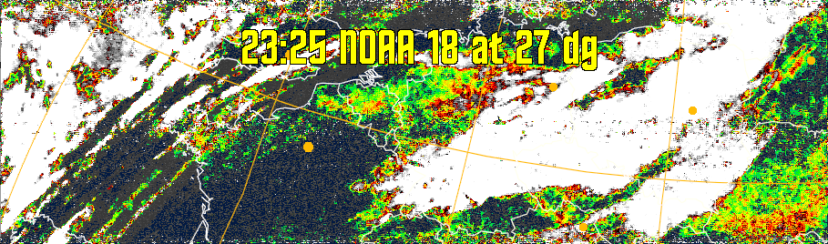 MSA-precip:
Same as MSA multispectral analysis, but high cold cloud tops are coloured the
same as the NO enhancement to give an approximate indication of the probability
and intensity of precipitation.