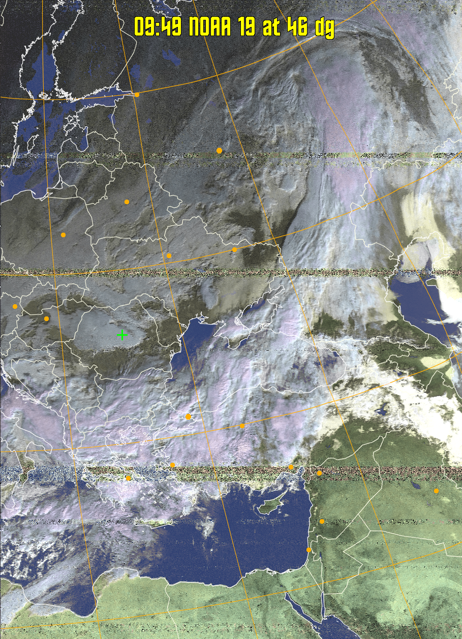 HVCT:
Similar to HVC, but with blue water and with colours more indicative of
land temperatures.
HVC:
Creates a false colour image from NOAA APT images based on temperature using
the HVC colour model. Uses the temperature derived from the sensor 4 image to
select the hue and the brightness from the histogram equalised other image to
select the value and chroma. The HVC colour model attempts to ensure that different colours at the same value will appear to the eye to be the same brightness
and the spacing between colours representing each degree will appear to the eye to
be similar. Bright areas are completely unsaturated in this model.