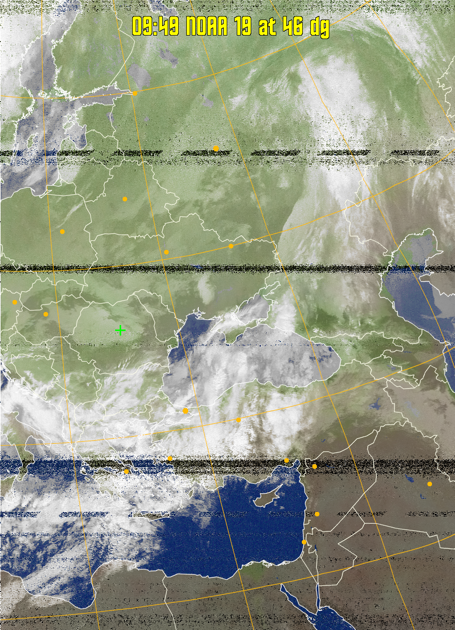 MCIR-precip: 
Colours the NOAA sensor 4 IR image using a map to colour the sea blue and land
green. High clouds appear white, lower clouds gray or land/sea coloured, clouds
generally appear lighter, but distinguishing between land/sea and low cloud may
be difficult. Darker colours indicate warmer regions.