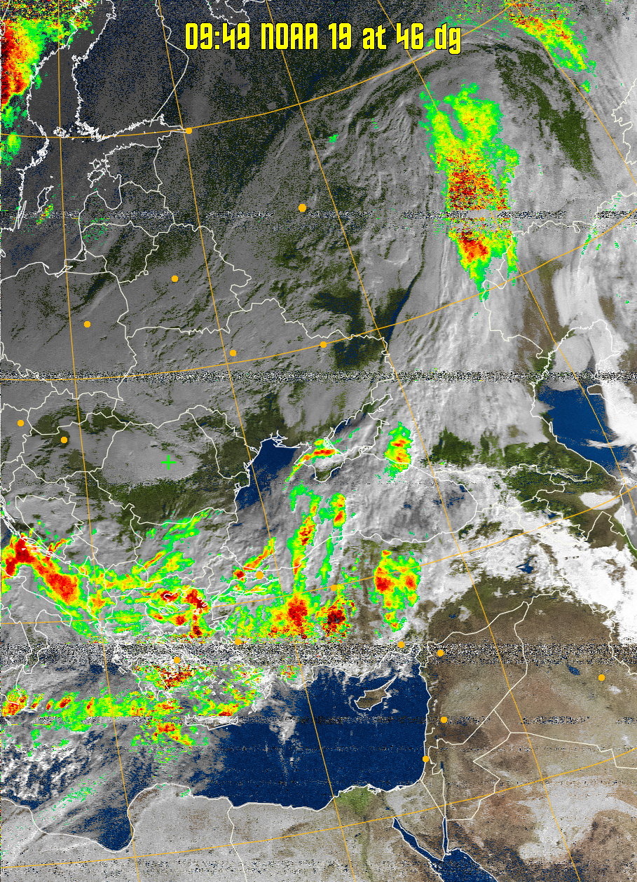 MSA-precip:
Same as MSA multispectral analysis, but high cold cloud tops are coloured the
same as the NO enhancement to give an approximate indication of the probability
and intensity of precipitation.