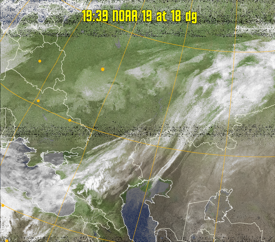 MCIR-precip: 
Colours the NOAA sensor 4 IR image using a map to colour the sea blue and land
green. High clouds appear white, lower clouds gray or land/sea coloured, clouds
generally appear lighter, but distinguishing between land/sea and low cloud may
be difficult. Darker colours indicate warmer regions.