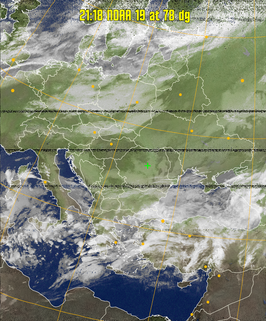 MCIR-precip: 
Colours the NOAA sensor 4 IR image using a map to colour the sea blue and land
green. High clouds appear white, lower clouds gray or land/sea coloured, clouds
generally appear lighter, but distinguishing between land/sea and low cloud may
be difficult. Darker colours indicate warmer regions.