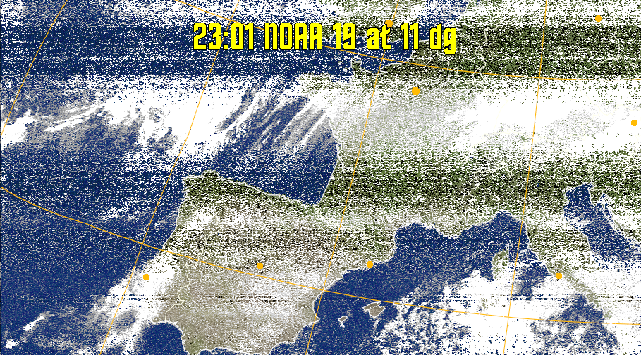 MCIR-precip: 
Colours the NOAA sensor 4 IR image using a map to colour the sea blue and land
green. High clouds appear white, lower clouds gray or land/sea coloured, clouds
generally appear lighter, but distinguishing between land/sea and low cloud may
be difficult. Darker colours indicate warmer regions.