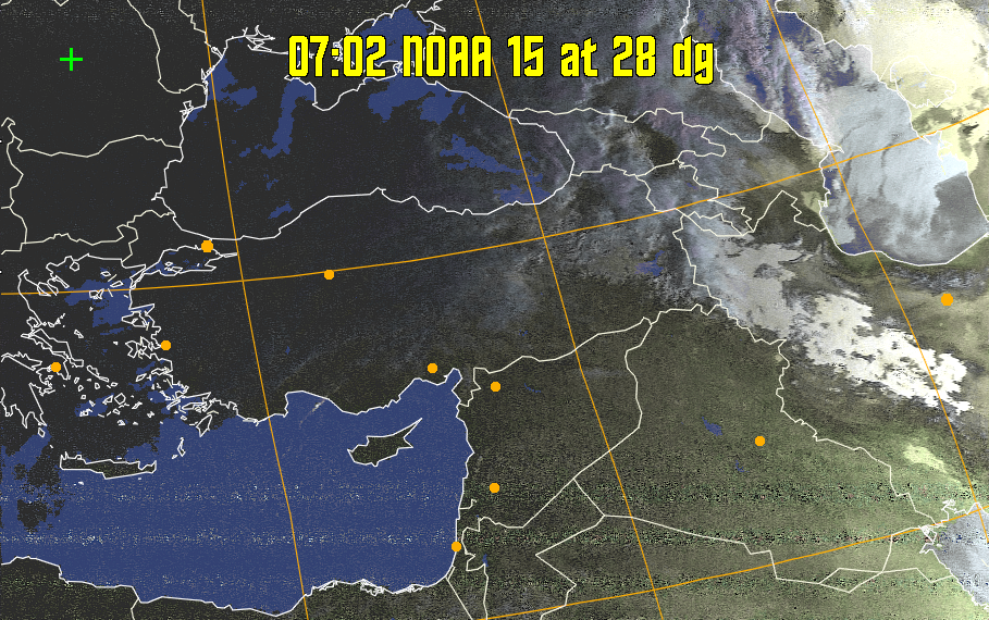 HVCT:
Similar to HVC, but with blue water and with colours more indicative of
land temperatures.
HVC:
Creates a false colour image from NOAA APT images based on temperature using
the HVC colour model. Uses the temperature derived from the sensor 4 image to
select the hue and the brightness from the histogram equalised other image to
select the value and chroma. The HVC colour model attempts to ensure that different colours at the same value will appear to the eye to be the same brightness
and the spacing between colours representing each degree will appear to the eye to
be similar. Bright areas are completely unsaturated in this model.