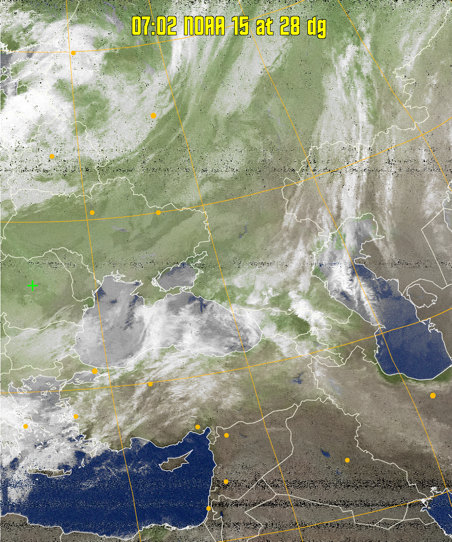 MCIR-precip: 
Colours the NOAA sensor 4 IR image using a map to colour the sea blue and land
green. High clouds appear white, lower clouds gray or land/sea coloured, clouds
generally appear lighter, but distinguishing between land/sea and low cloud may
be difficult. Darker colours indicate warmer regions.