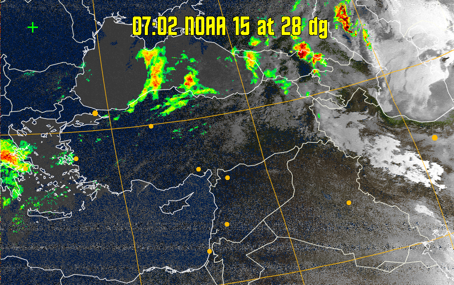 MSA-precip:
Same as MSA multispectral analysis, but high cold cloud tops are coloured the
same as the NO enhancement to give an approximate indication of the probability
and intensity of precipitation.