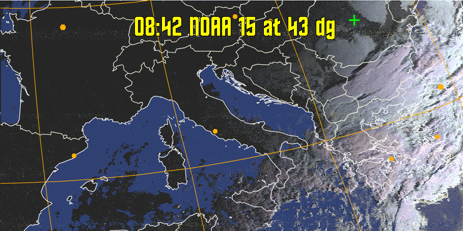 HVCT:
Similar to HVC, but with blue water and with colours more indicative of
land temperatures.
HVC:
Creates a false colour image from NOAA APT images based on temperature using
the HVC colour model. Uses the temperature derived from the sensor 4 image to
select the hue and the brightness from the histogram equalised other image to
select the value and chroma. The HVC colour model attempts to ensure that different colours at the same value will appear to the eye to be the same brightness
and the spacing between colours representing each degree will appear to the eye to
be similar. Bright areas are completely unsaturated in this model.