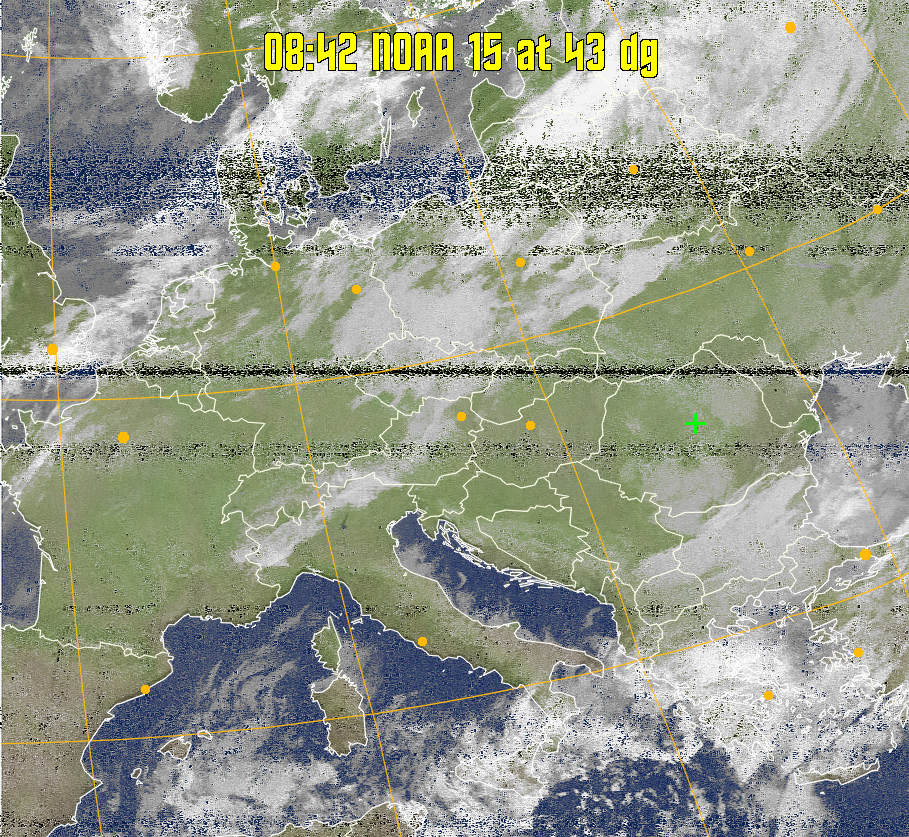 MCIR-precip: 
Colours the NOAA sensor 4 IR image using a map to colour the sea blue and land
green. High clouds appear white, lower clouds gray or land/sea coloured, clouds
generally appear lighter, but distinguishing between land/sea and low cloud may
be difficult. Darker colours indicate warmer regions.