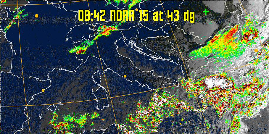 MSA-precip:
Same as MSA multispectral analysis, but high cold cloud tops are coloured the
same as the NO enhancement to give an approximate indication of the probability
and intensity of precipitation.