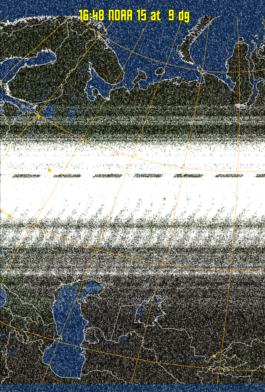 MCIR-precip: 
Colours the NOAA sensor 4 IR image using a map to colour the sea blue and land
green. High clouds appear white, lower clouds gray or land/sea coloured, clouds
generally appear lighter, but distinguishing between land/sea and low cloud may
be difficult. Darker colours indicate warmer regions.