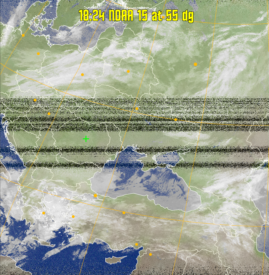 MCIR-precip: 
Colours the NOAA sensor 4 IR image using a map to colour the sea blue and land
green. High clouds appear white, lower clouds gray or land/sea coloured, clouds
generally appear lighter, but distinguishing between land/sea and low cloud may
be difficult. Darker colours indicate warmer regions.