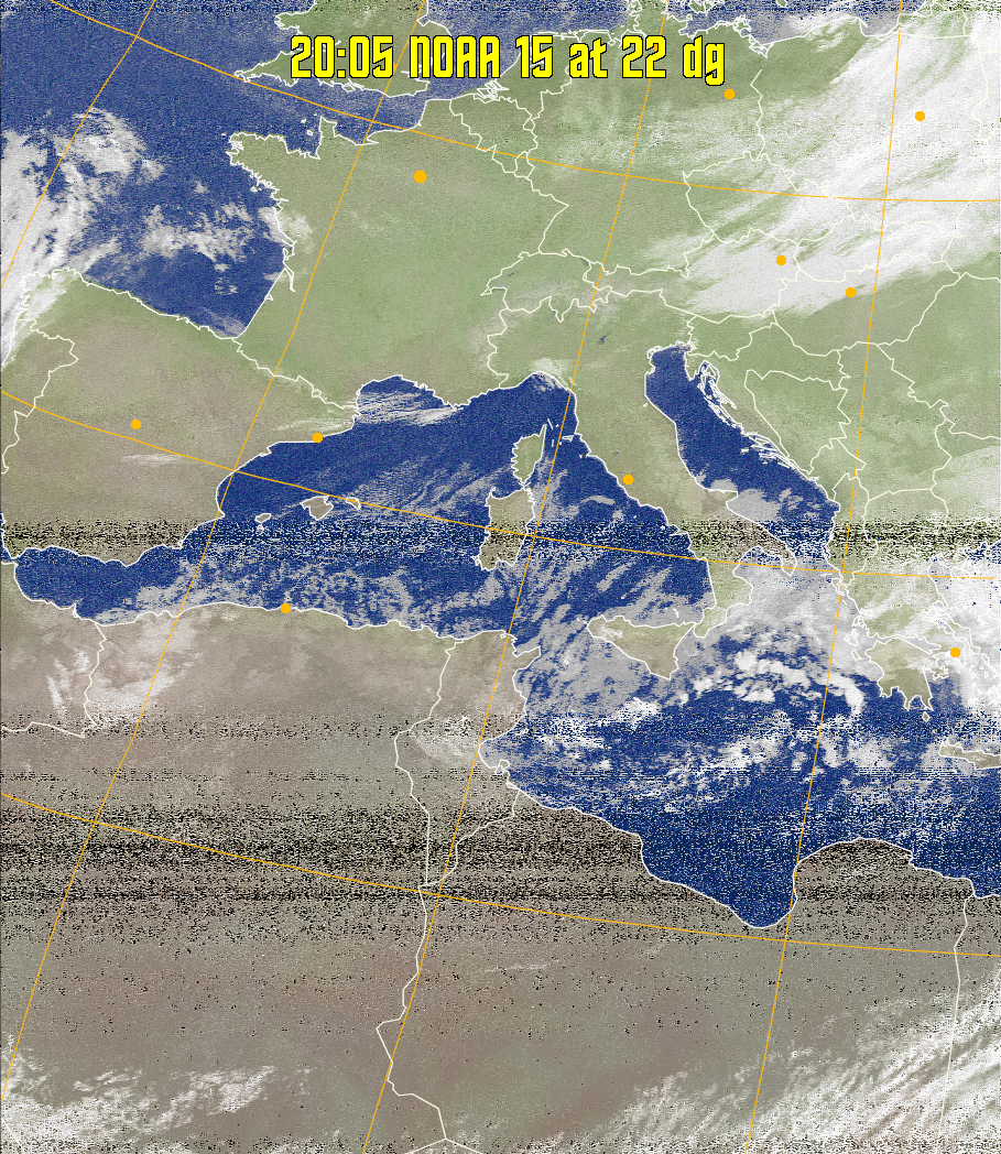 MCIR-precip: 
Colours the NOAA sensor 4 IR image using a map to colour the sea blue and land
green. High clouds appear white, lower clouds gray or land/sea coloured, clouds
generally appear lighter, but distinguishing between land/sea and low cloud may
be difficult. Darker colours indicate warmer regions.