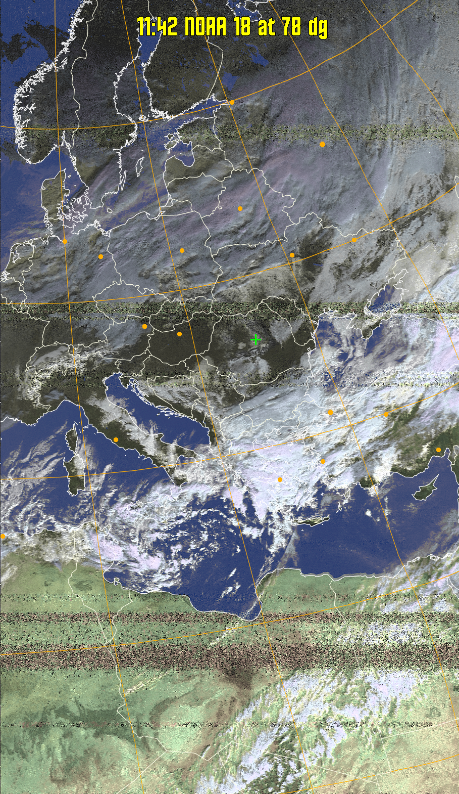 HVCT:
Similar to HVC, but with blue water and with colours more indicative of
land temperatures.
HVC:
Creates a false colour image from NOAA APT images based on temperature using
the HVC colour model. Uses the temperature derived from the sensor 4 image to
select the hue and the brightness from the histogram equalised other image to
select the value and chroma. The HVC colour model attempts to ensure that different colours at the same value will appear to the eye to be the same brightness
and the spacing between colours representing each degree will appear to the eye to
be similar. Bright areas are completely unsaturated in this model.