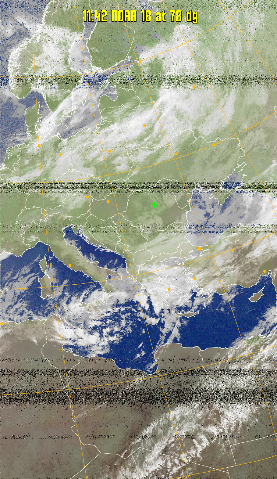 MCIR-precip: 
Colours the NOAA sensor 4 IR image using a map to colour the sea blue and land
green. High clouds appear white, lower clouds gray or land/sea coloured, clouds
generally appear lighter, but distinguishing between land/sea and low cloud may
be difficult. Darker colours indicate warmer regions.