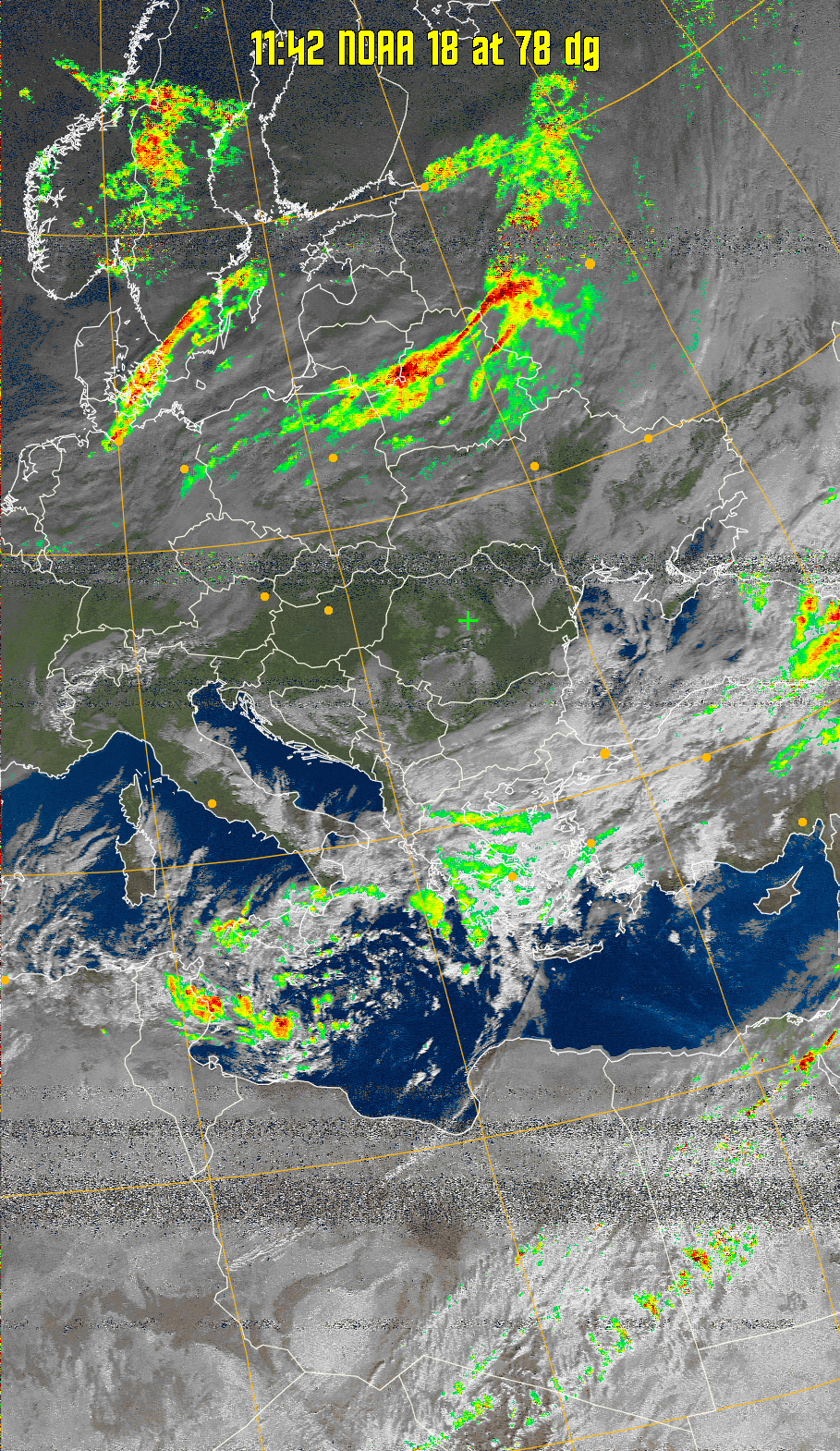 MSA-precip:
Same as MSA multispectral analysis, but high cold cloud tops are coloured the
same as the NO enhancement to give an approximate indication of the probability
and intensity of precipitation.