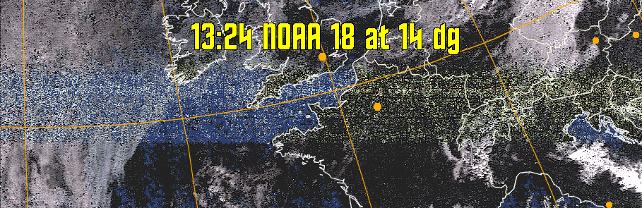 HVCT:
Similar to HVC, but with blue water and with colours more indicative of
land temperatures.
HVC:
Creates a false colour image from NOAA APT images based on temperature using
the HVC colour model. Uses the temperature derived from the sensor 4 image to
select the hue and the brightness from the histogram equalised other image to
select the value and chroma. The HVC colour model attempts to ensure that different colours at the same value will appear to the eye to be the same brightness
and the spacing between colours representing each degree will appear to the eye to
be similar. Bright areas are completely unsaturated in this model.