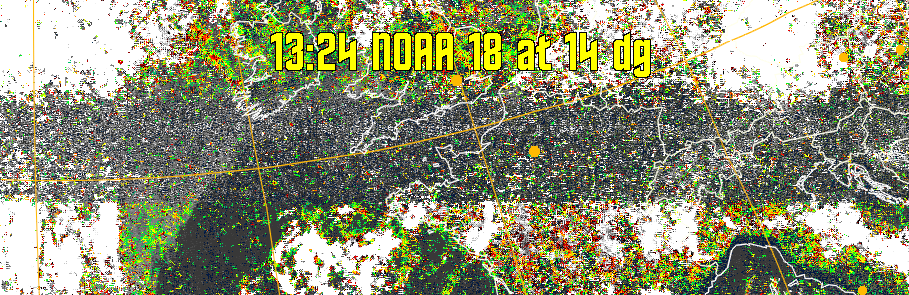 MSA-precip:
Same as MSA multispectral analysis, but high cold cloud tops are coloured the
same as the NO enhancement to give an approximate indication of the probability
and intensity of precipitation.