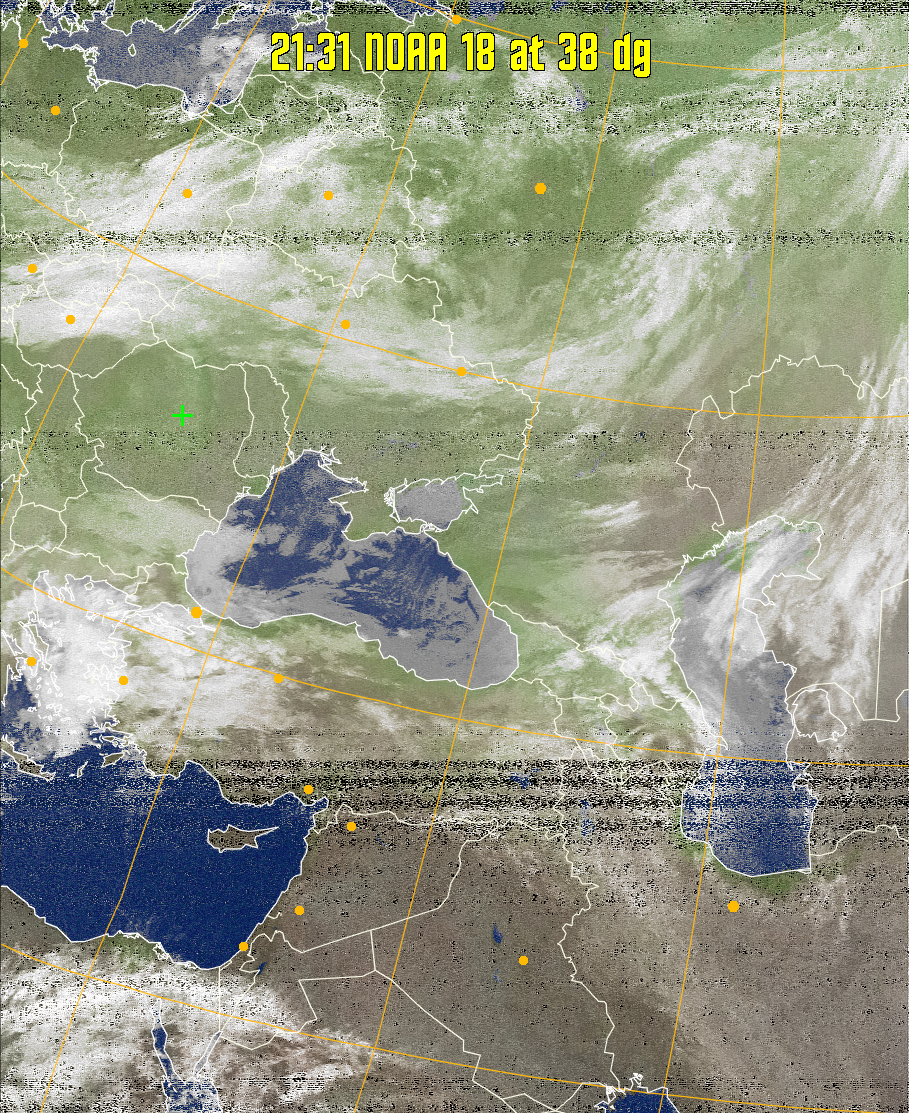 MCIR-precip: 
Colours the NOAA sensor 4 IR image using a map to colour the sea blue and land
green. High clouds appear white, lower clouds gray or land/sea coloured, clouds
generally appear lighter, but distinguishing between land/sea and low cloud may
be difficult. Darker colours indicate warmer regions.