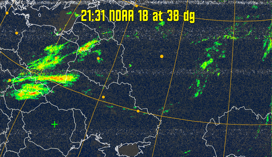 MSA-precip:
Same as MSA multispectral analysis, but high cold cloud tops are coloured the
same as the NO enhancement to give an approximate indication of the probability
and intensity of precipitation.