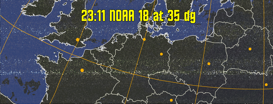 HVCT:
Similar to HVC, but with blue water and with colours more indicative of
land temperatures.
HVC:
Creates a false colour image from NOAA APT images based on temperature using
the HVC colour model. Uses the temperature derived from the sensor 4 image to
select the hue and the brightness from the histogram equalised other image to
select the value and chroma. The HVC colour model attempts to ensure that different colours at the same value will appear to the eye to be the same brightness
and the spacing between colours representing each degree will appear to the eye to
be similar. Bright areas are completely unsaturated in this model.