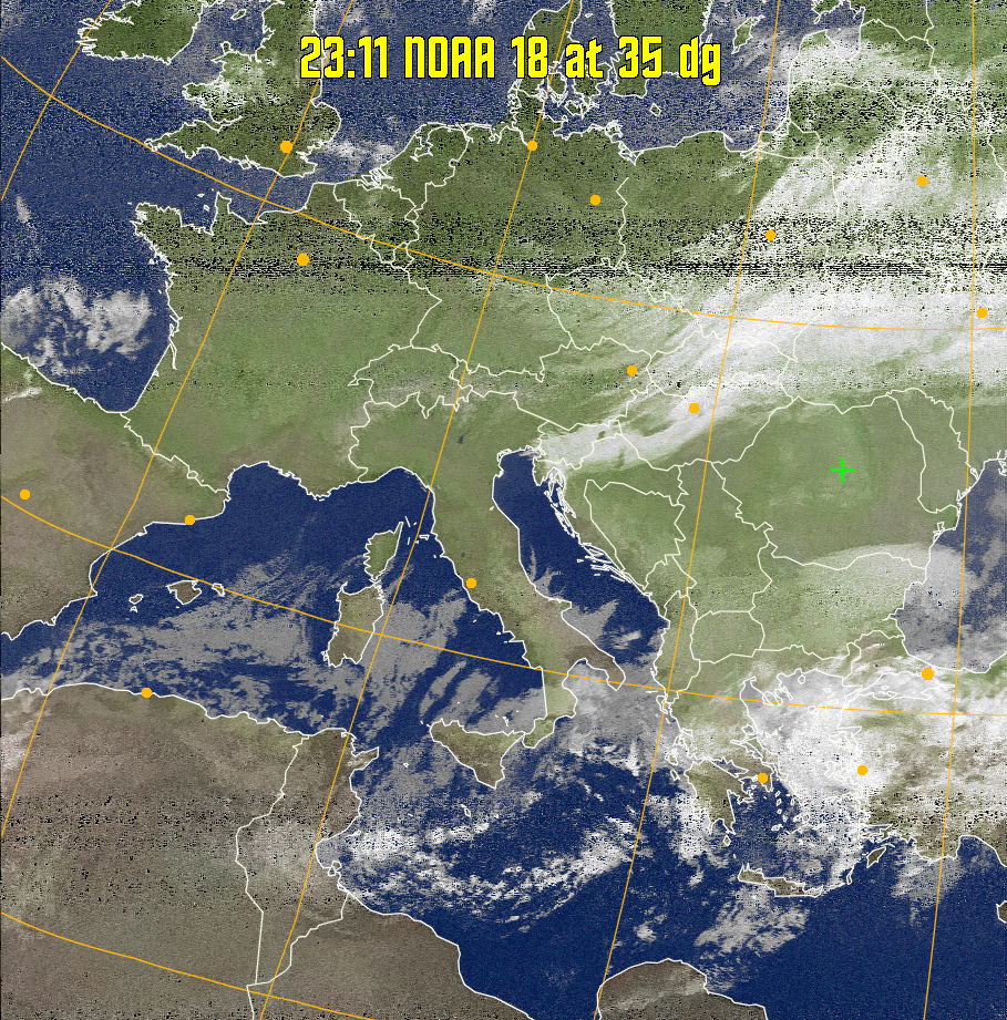 MCIR-precip: 
Colours the NOAA sensor 4 IR image using a map to colour the sea blue and land
green. High clouds appear white, lower clouds gray or land/sea coloured, clouds
generally appear lighter, but distinguishing between land/sea and low cloud may
be difficult. Darker colours indicate warmer regions.