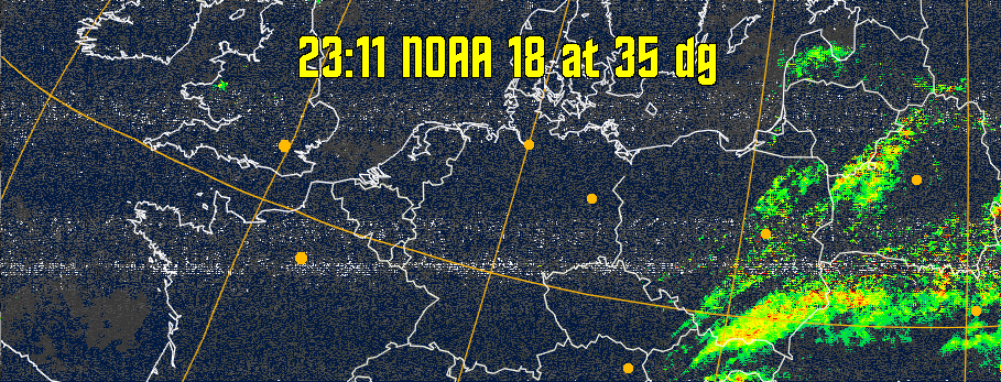 MSA-precip:
Same as MSA multispectral analysis, but high cold cloud tops are coloured the
same as the NO enhancement to give an approximate indication of the probability
and intensity of precipitation.